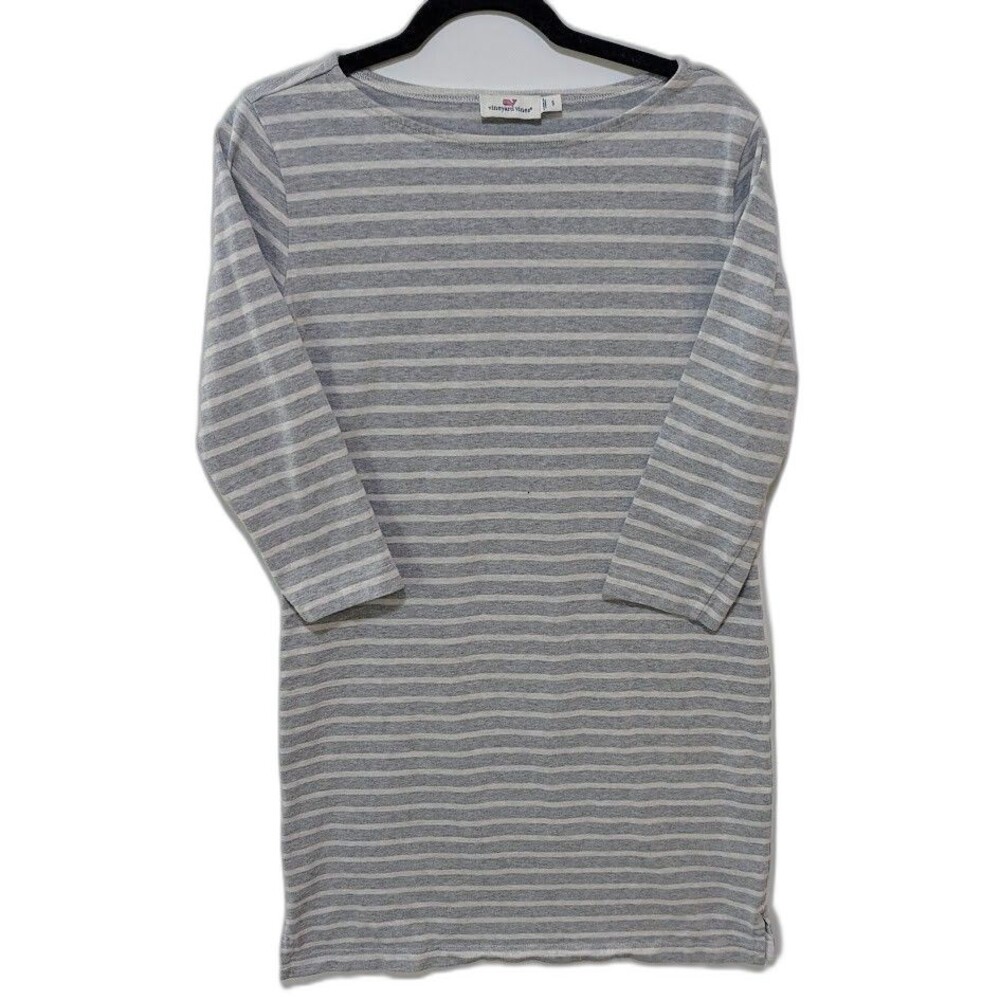 Vineyard Vines Stripe Cotton Knit Dress Womens Small Gray 3/4 Sleeves Boat Neck